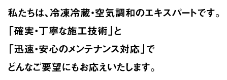 私たちは、冷凍冷蔵・空気調和のエキスパートです。「確実・丁寧な施工技術」と「迅速・安心のメンテナンス対応」でどんなご要望にもお応えいたします。